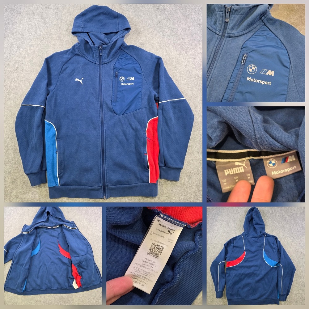 Puma BMW M Motorsport Hoodie Mens Medium Blue Full Zip Racing Graphic Sweatshirt